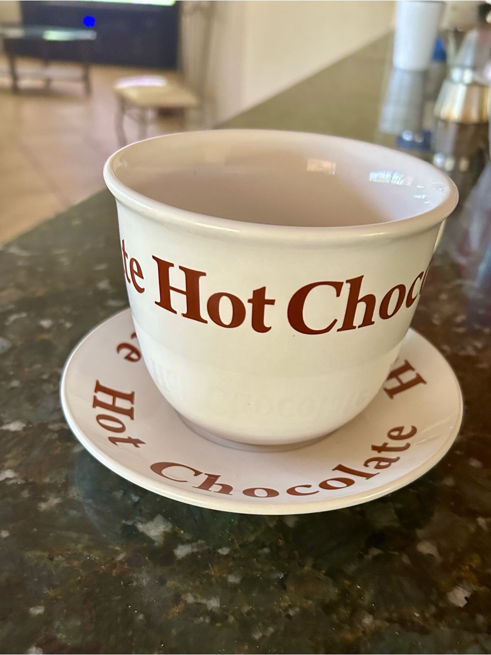 Shonfeld’s Cream color Ceramic Hot Chocolate Cup & Saucer Set w/Brown Lettering